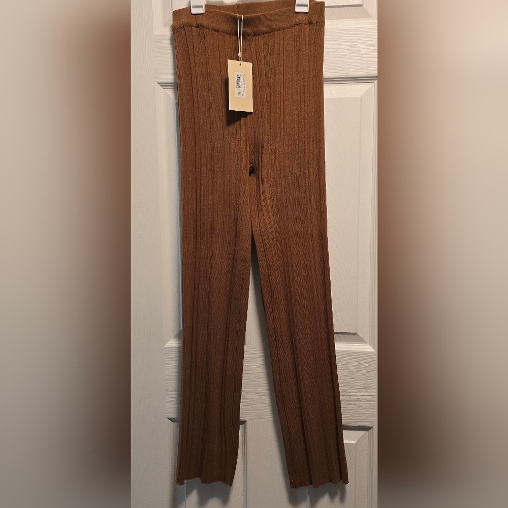 Meshki - Wide Leg Ribbed Stretch Pants - Toffee (*Part Of Set)